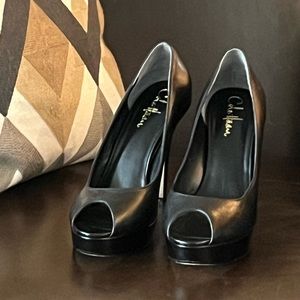 Black Cole Haan Peep toe platform stilettos 7.5